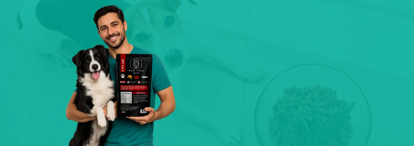 El equipo LYCAN con un perro y el empaque Raw Food